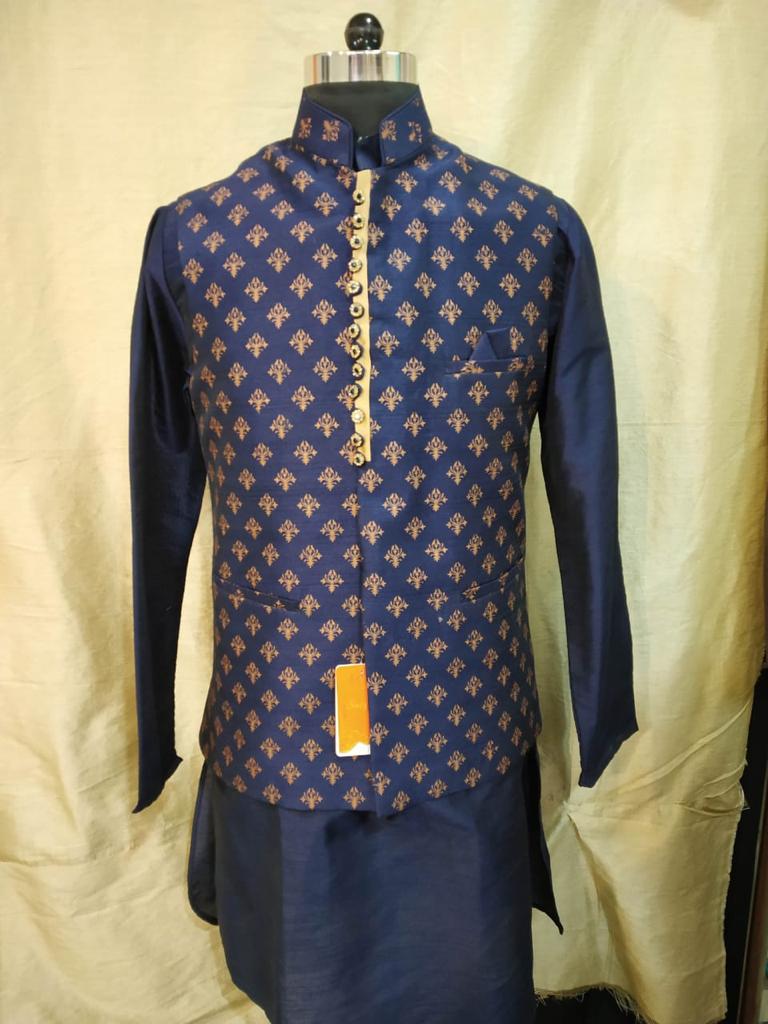 Blue Kurta set with Vest - Omnama Fashions